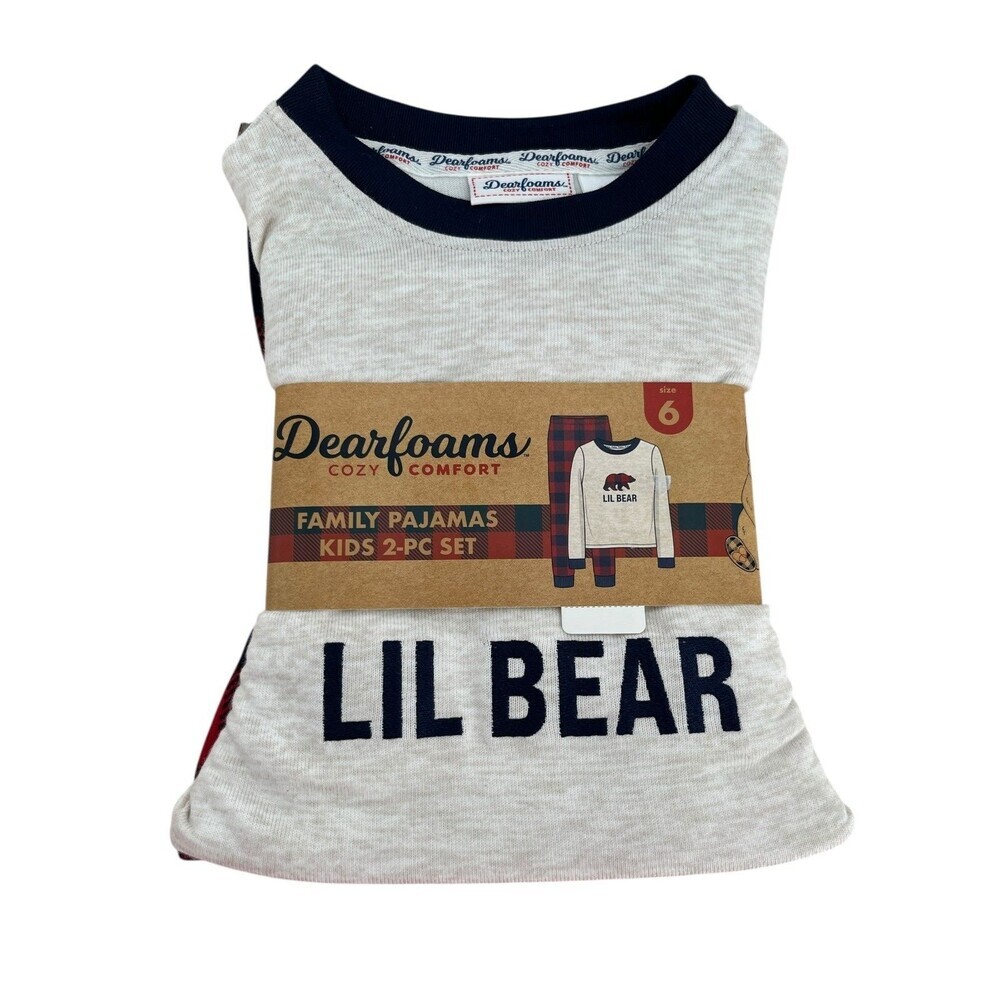 Dear Foams Lil Bear Pajamas Size 6 Kids White Red Plaid 2 Piece Set NEW